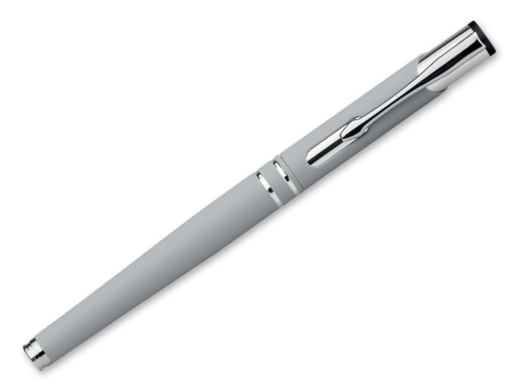 Метал. ручка-роллер с прорезиненной поверхностью, синие чернила, цвет серый