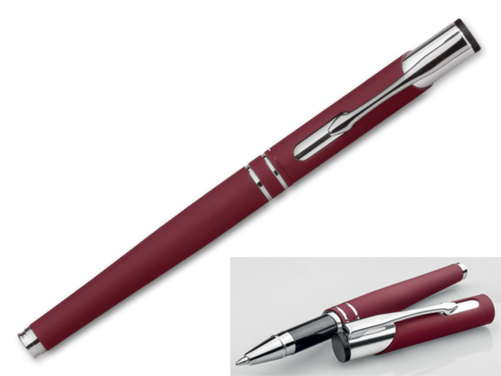 Метал. ручка-роллер с прорезиненной поверхностью, синие чернила, цвет красный
