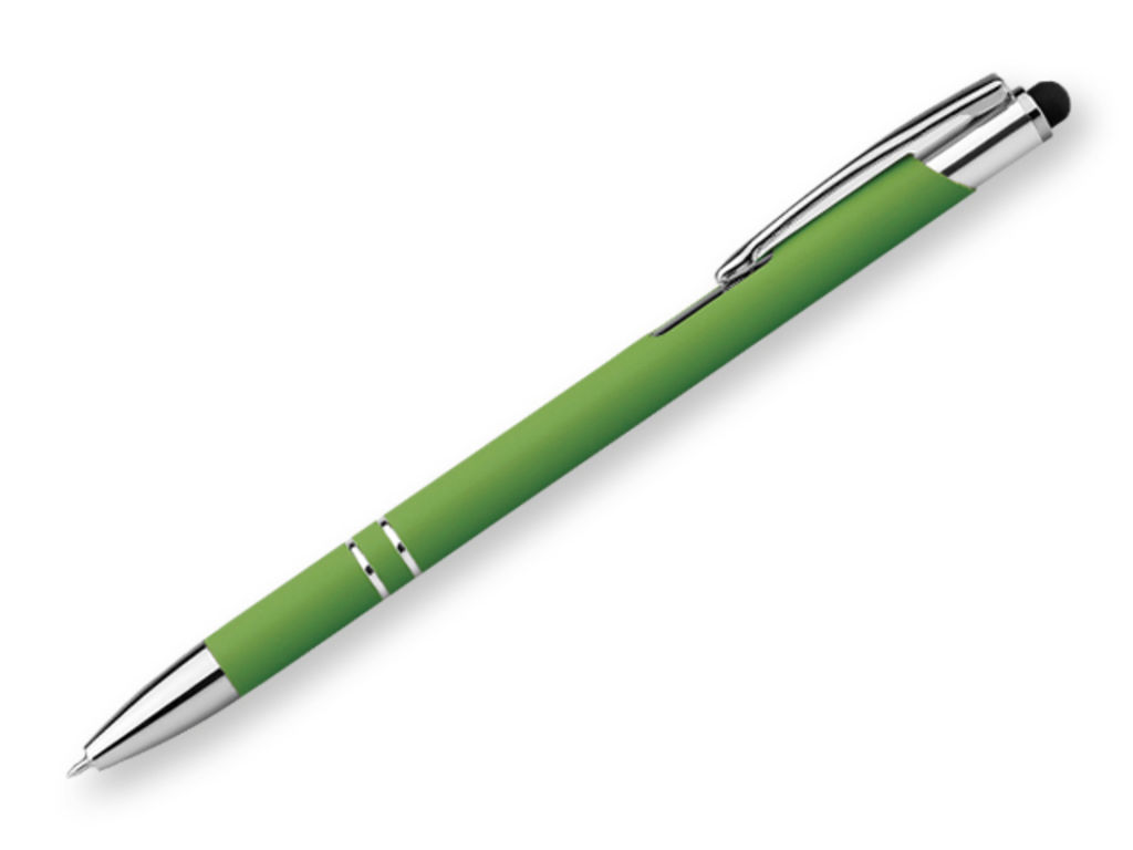 Металева ручка, функція стилуса, прогумована, сині чорнила, колір зелений