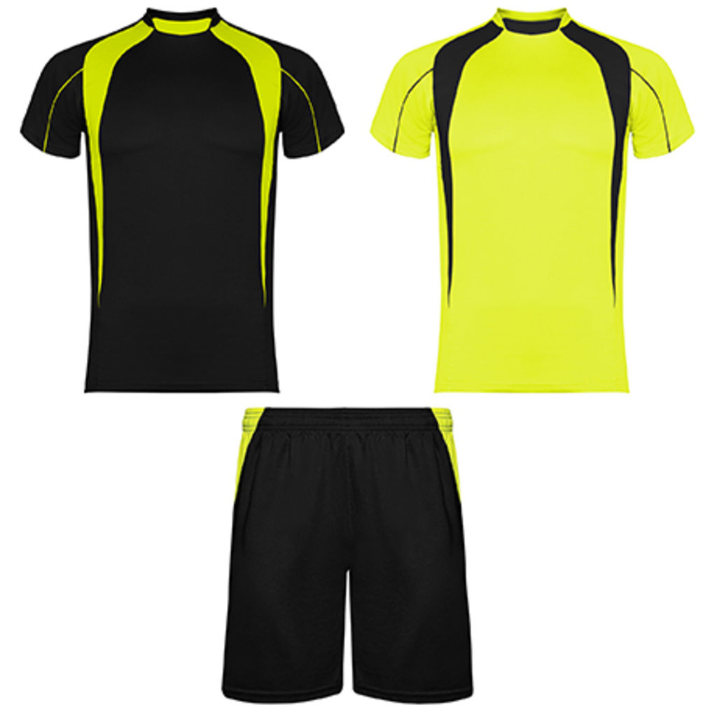SALAS Спортивний комплект унісекс: 2 футболки + 1 шорти, колір чорний, флюорісцентний жовтий  розмір M