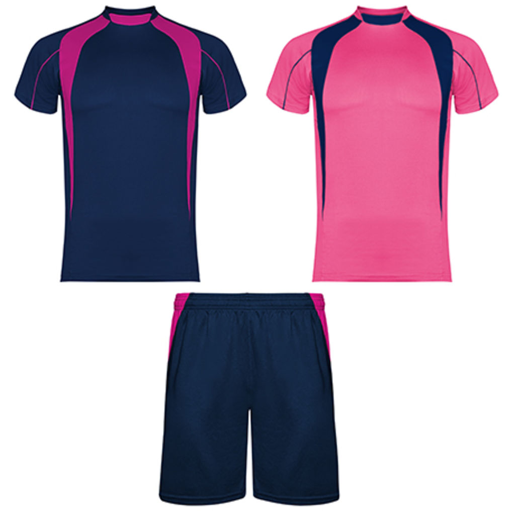 SALAS Спортивный костюм унисекс: 2 футболки + 1 пара спортивных брюк, цвет темно-синий, флюорисцентный розовый  размер M
