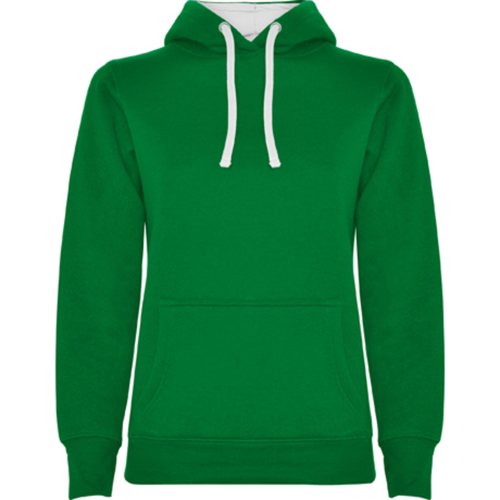 URBAN WOMAN Приталений светер діночого фасону з двокольоровим капюшоном та шнурівкою в колір, колір зелений глибокий, білий  розмір S