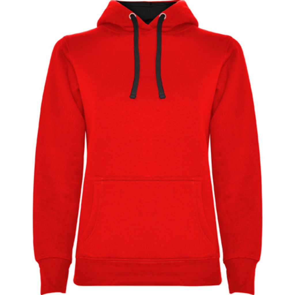 URBAN WOMAN Приталений светер діночого фасону з двокольоровим капюшоном та шнурівкою в колір, колір червоний, чорний  розмір S