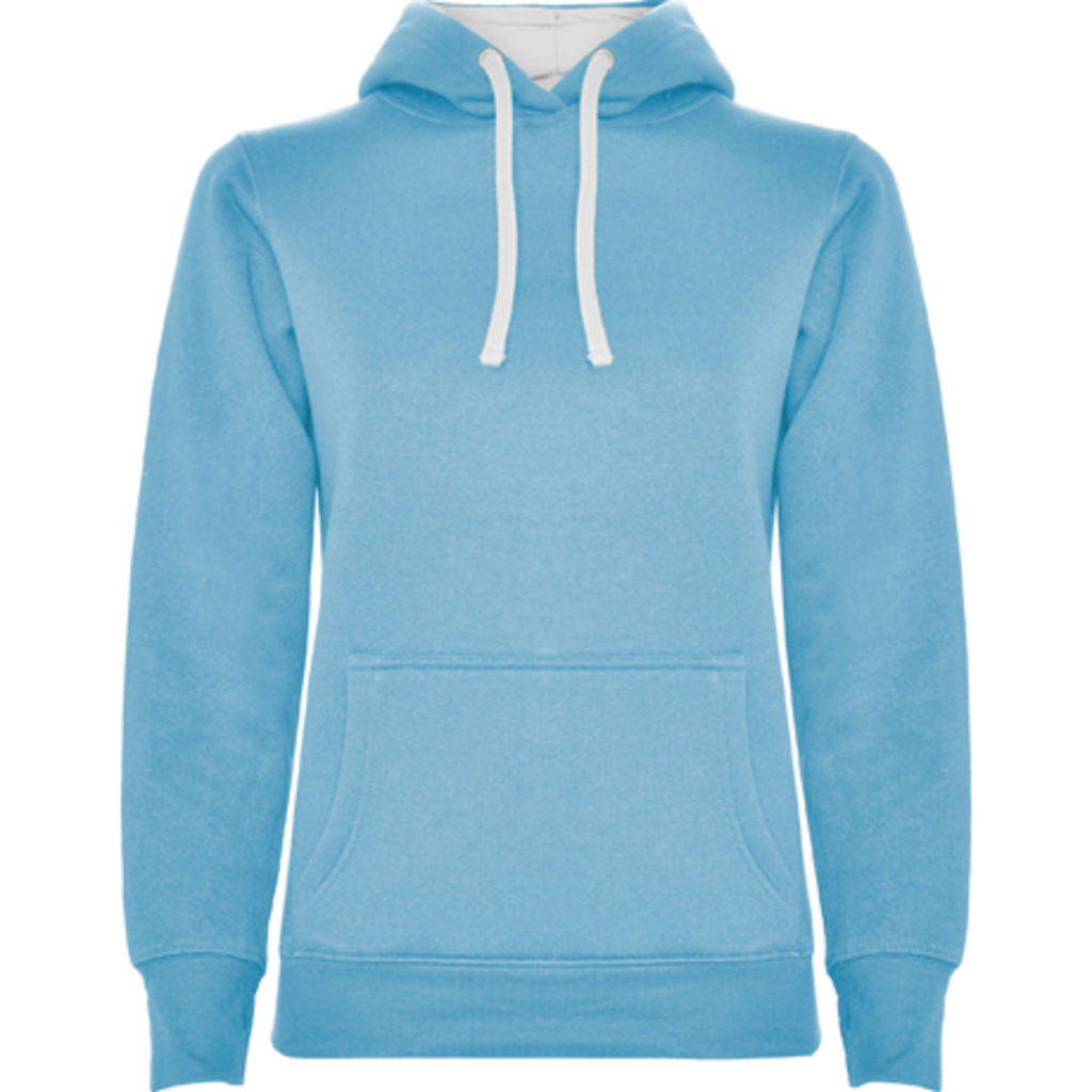 URBAN WOMAN Приталений светер діночого фасону з двокольоровим капюшоном та шнурівкою в колір, колір небесно-блакитний, білий  розмір XL