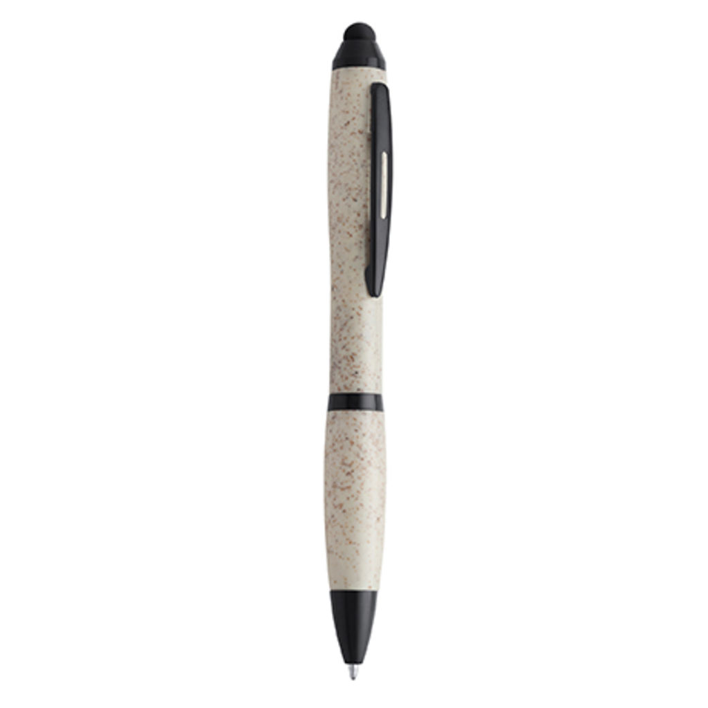 Кулькова ручка з поворотним механізмом з пшеничного волокна і РР з чорною оздобленням, колір бежевий