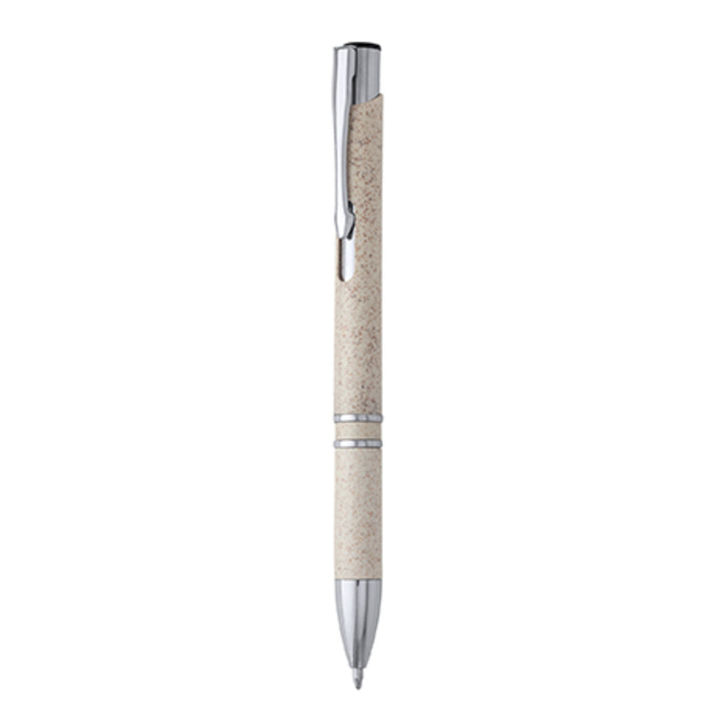 Ручка из пшеничной клетчатки и ABS с нажимным механизмом и серебристой отделкой, цвет бежевый