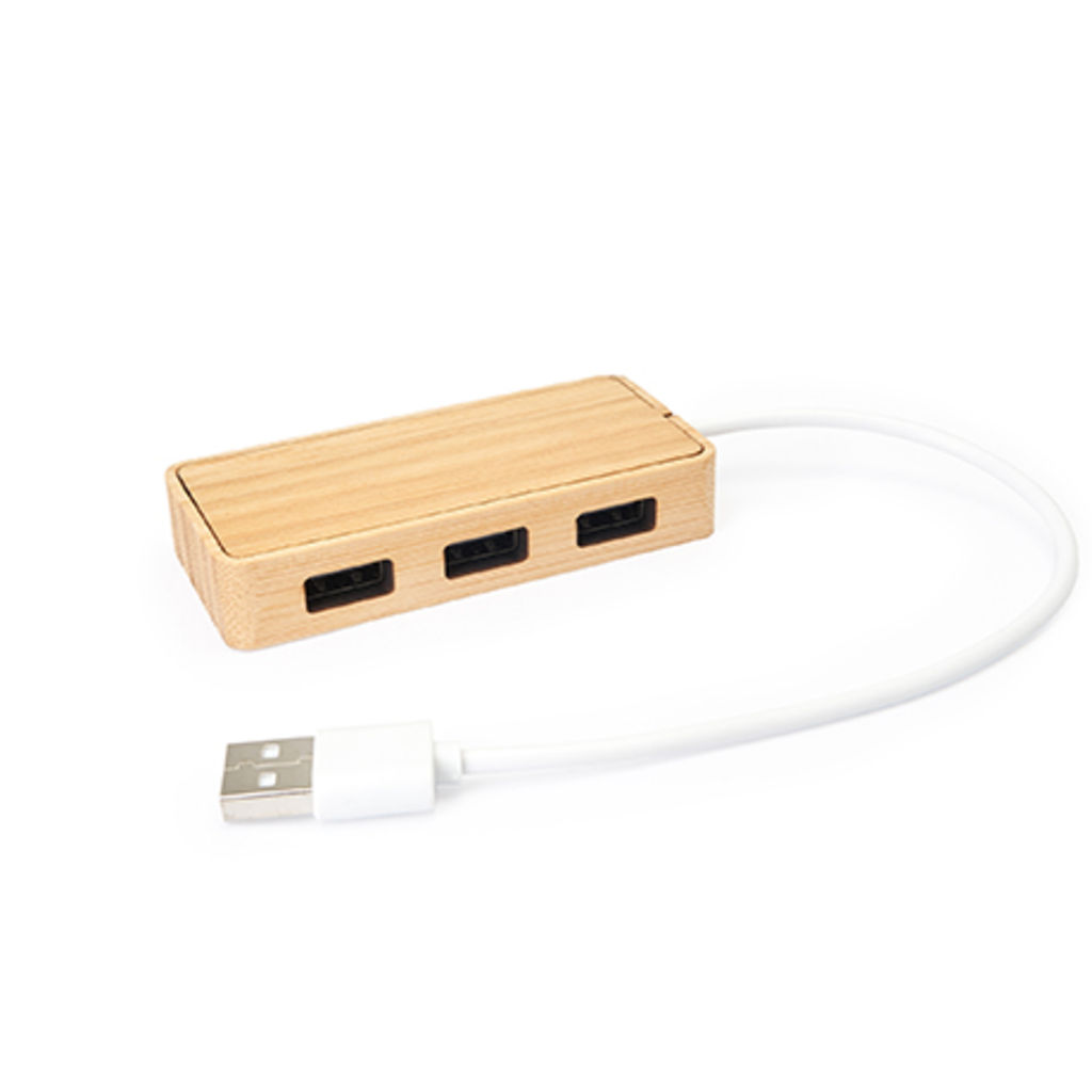 USB-адаптер в натуральном бамбуковом корпусе с белим кабелем и 3-мя встроенными USB портами, цвет древесный