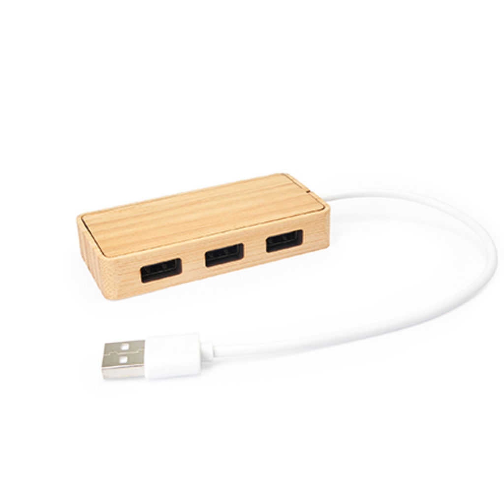 USB-адаптер в натуральному бамбуковому корпусі з білим кабелем і 3-ма вбудованими USB портама, колір деревне - IA3023S188- Фото №2