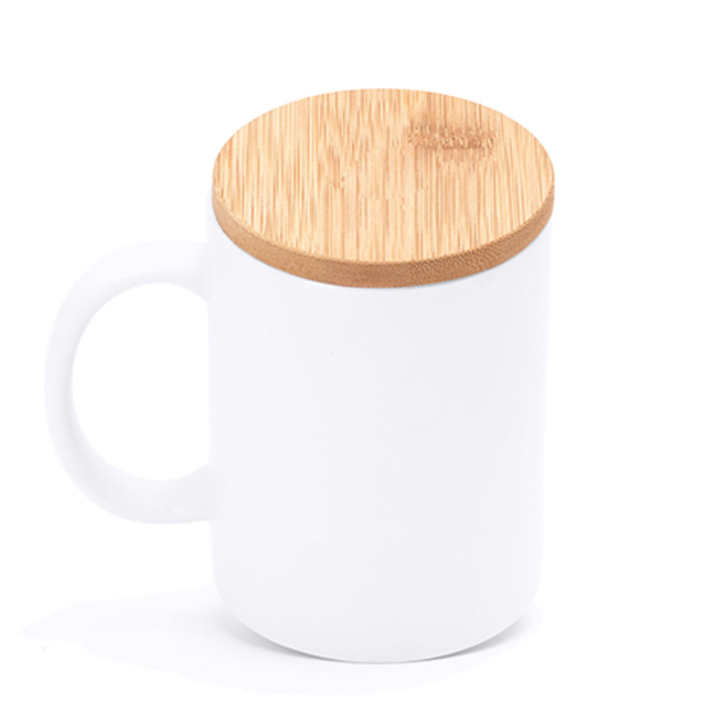 Керамічна еко-чашка ємністю 370 мл з матовим покриттям натуральної бамбукової кришкою, колір білий