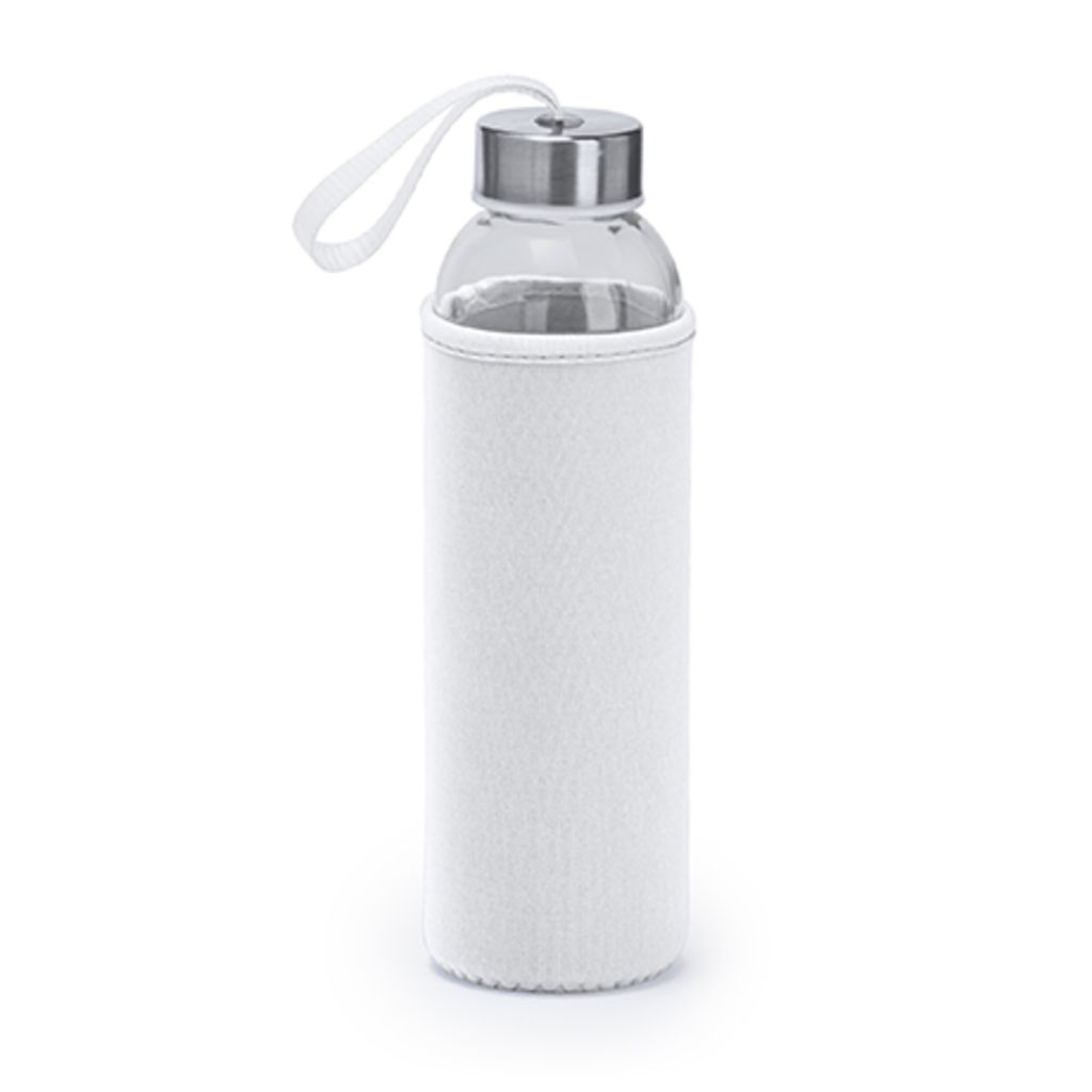 Стеклянная бутылка емкостью 500 мл с соответствующего цвета чехлом и ремешком для переноски, цвет белый