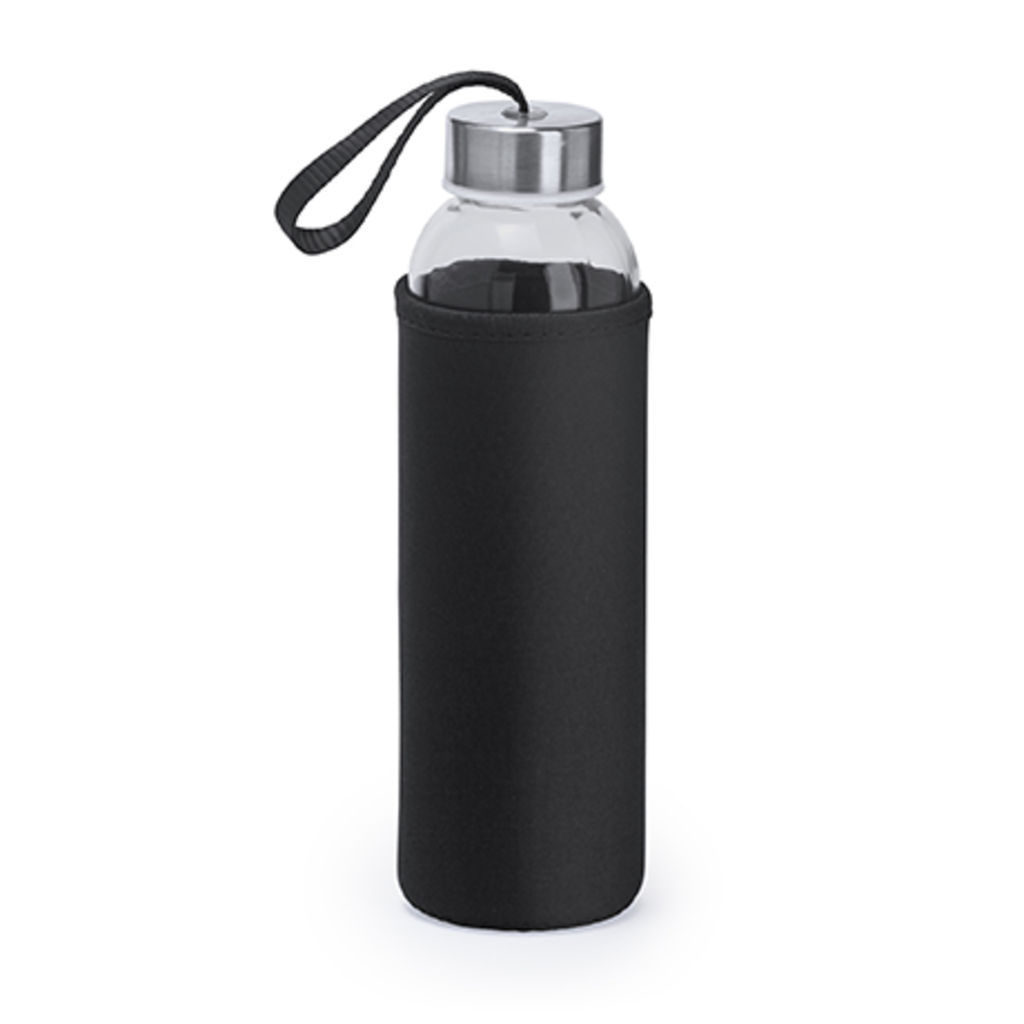 Стеклянная бутылка емкостью 500 мл с соответствующего цвета чехлом и ремешком для переноски, цвет черный