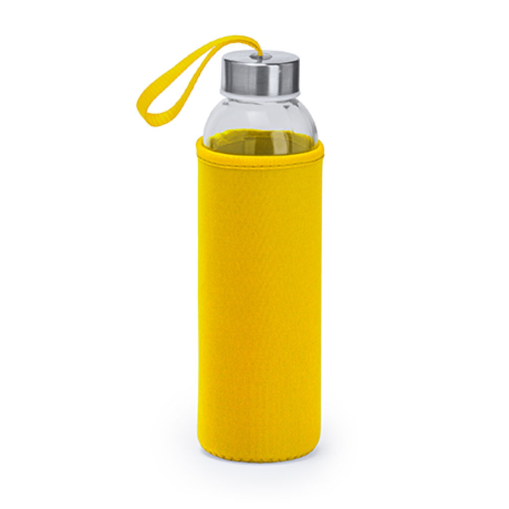 Стеклянная бутылка емкостью 500 мл с соответствующего цвета чехлом и ремешком для переноски, цвет желтый