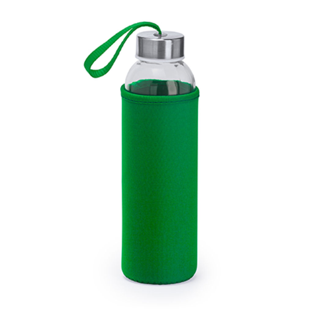 Стеклянная бутылка емкостью 500 мл с соответствующего цвета чехлом и ремешком для переноски, цвет зеленый папоротник