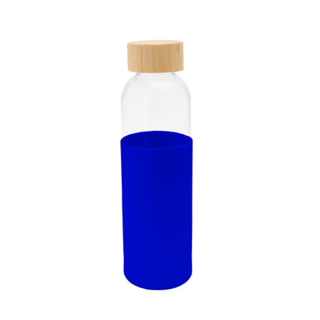 Стеклянная бутылка с бамбуковой крышкой и цветным силиконовым чехлом, цвет яркий синий