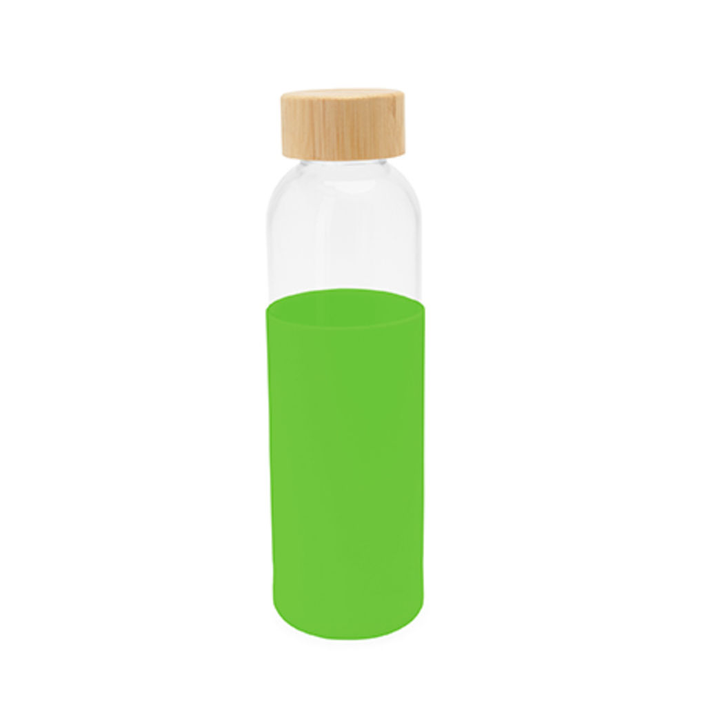 Скляна пляшка з бамбуковою кришкою і кольоровим силіконовим чохлом, колір зелена папороть