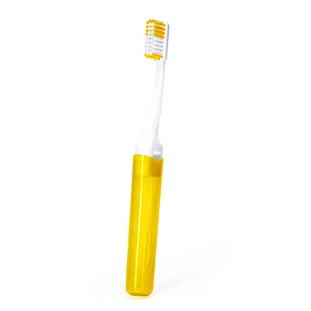 Дорожная разборная зубная щетка с полупрозрачной крышкой и мягкими щетинками двух сочетающихся цветов, цвет желтый