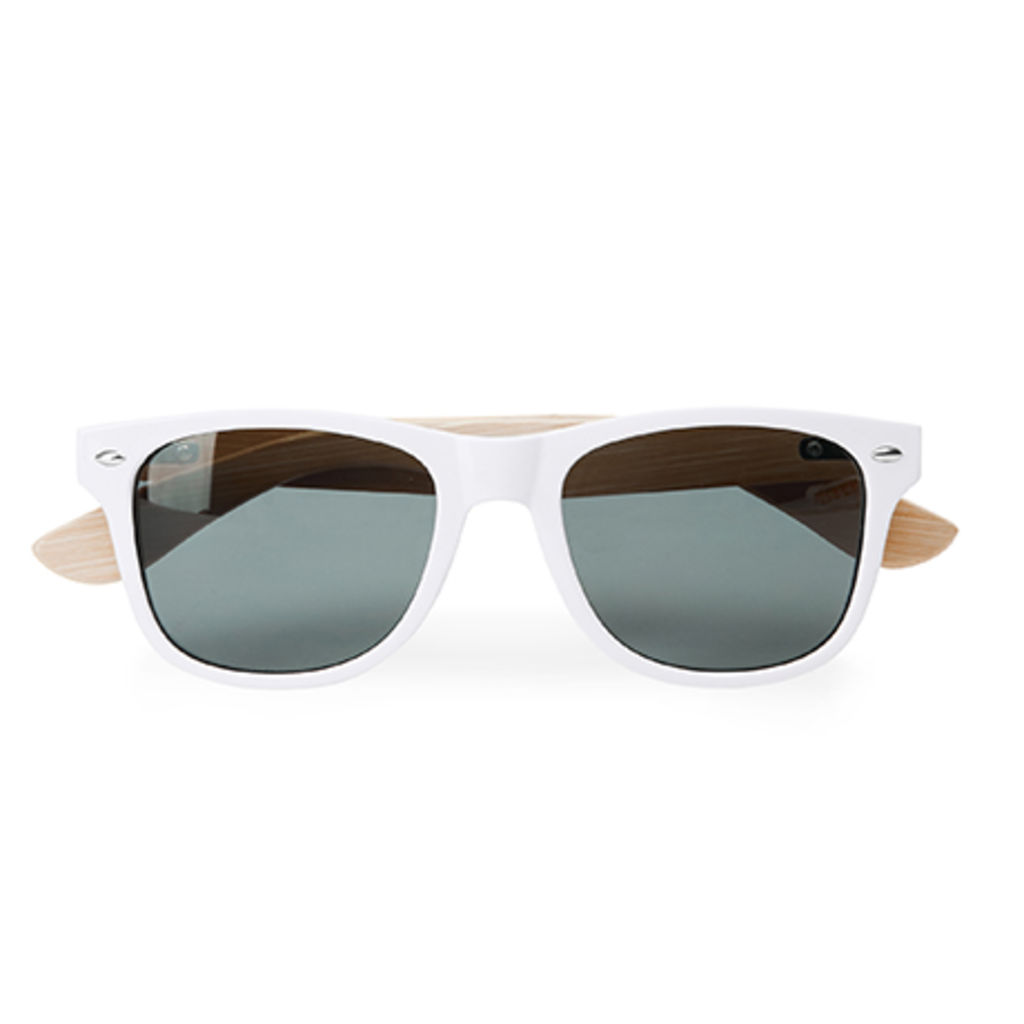 Сонцезахисні окуляри з блискучим оздобленням оправи і натуральних бамбукових дужок, колір білий