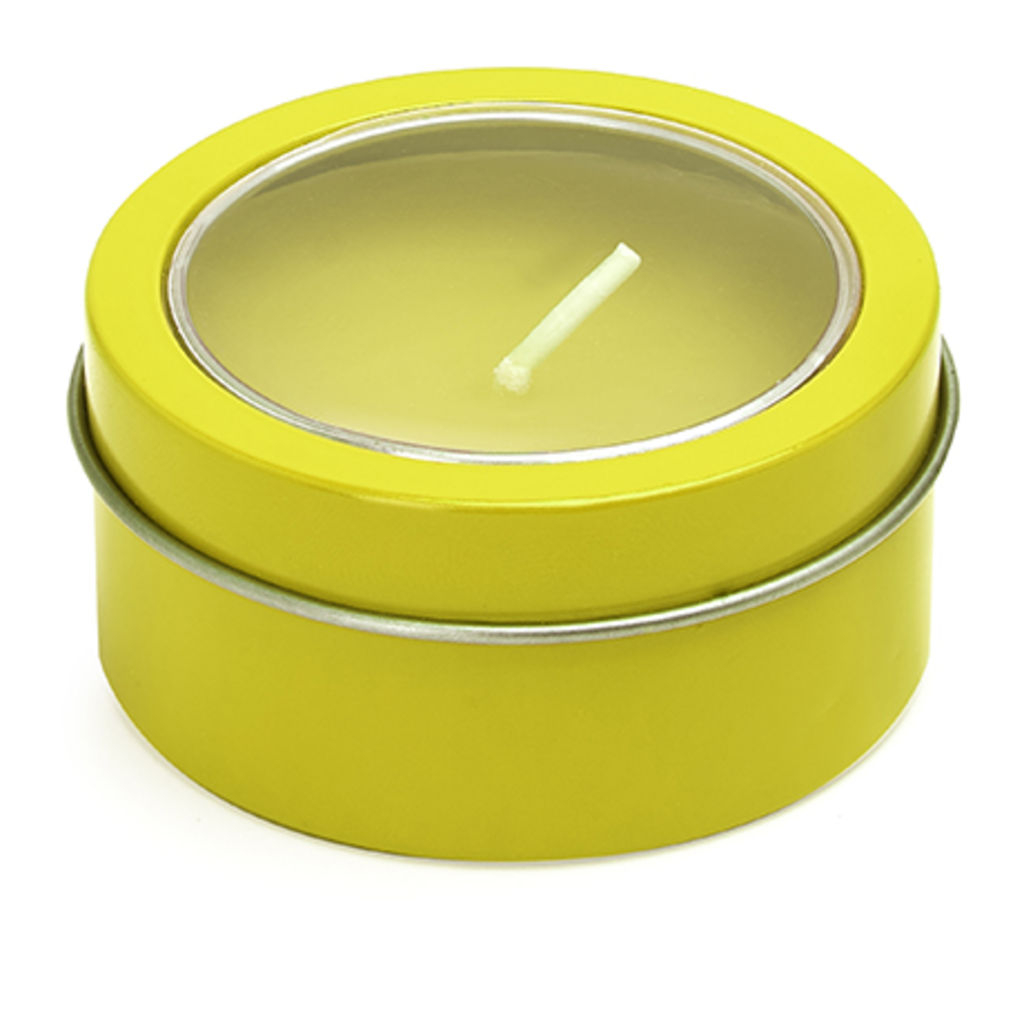 Ароматическая свеча в ярких цветах порставляется с круглым металлическим держателем, цвет желтый