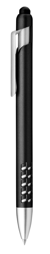 Пластикова ручка з функцією стилуса і підставкою, сині чорнила, колір чорний