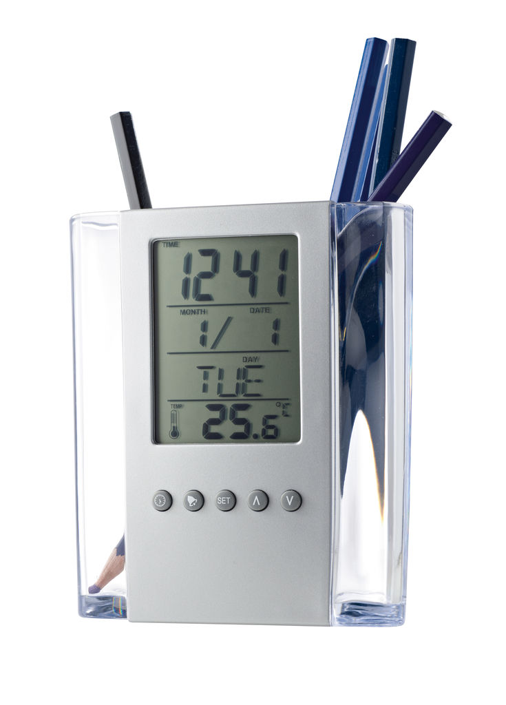 EDEM. Підставка для ручок з цифровим годинником, колір сатин-срібло