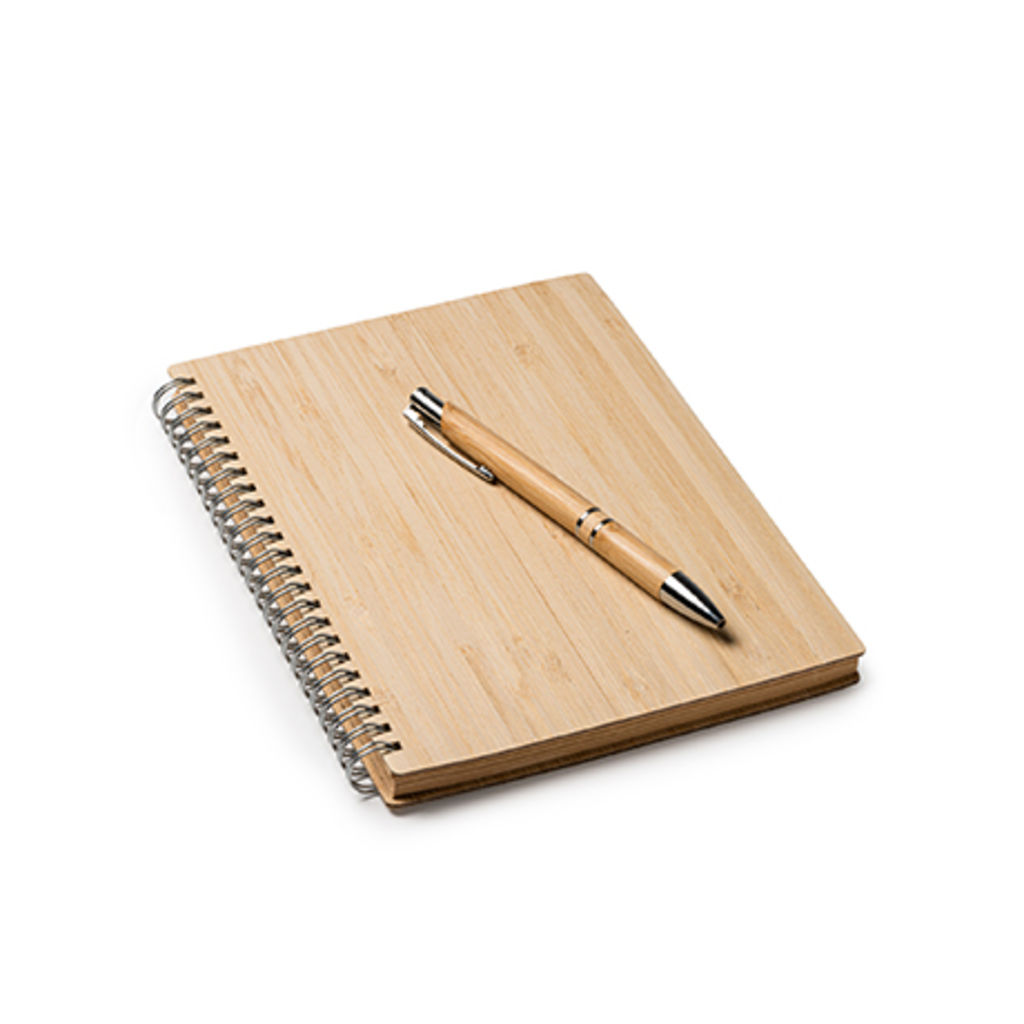 Блокнот и ручка из бамбука в картонной крафт-упаковке, цвет бежевый