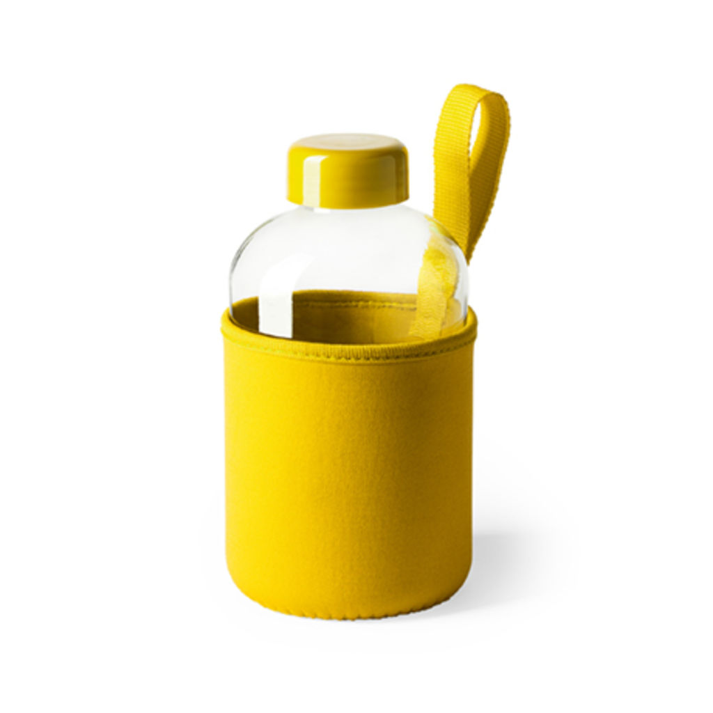 Скляна пляшка 600 мл з кольоровим чохлом та ременем для перенесення, колір жовтий