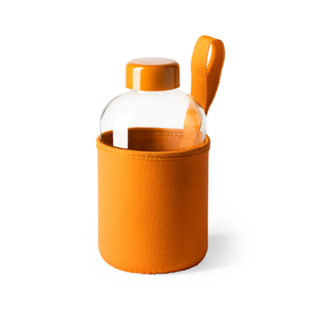 Скляна пляшка 600 мл з кольоровим чохлом та ременем для перенесення, колір помаранчевий