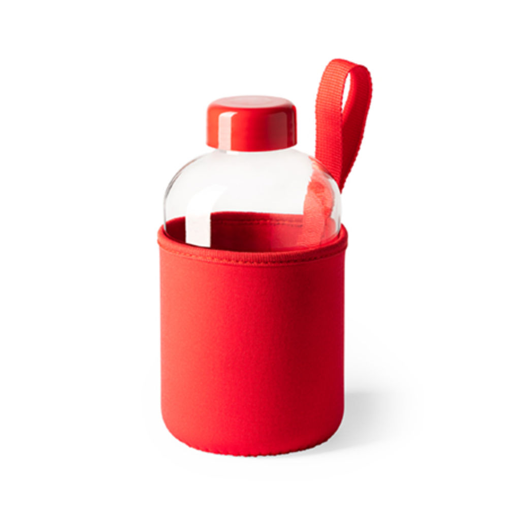 Скляна пляшка 600 мл з кольоровим чохлом та ременем для перенесення, колір червоний