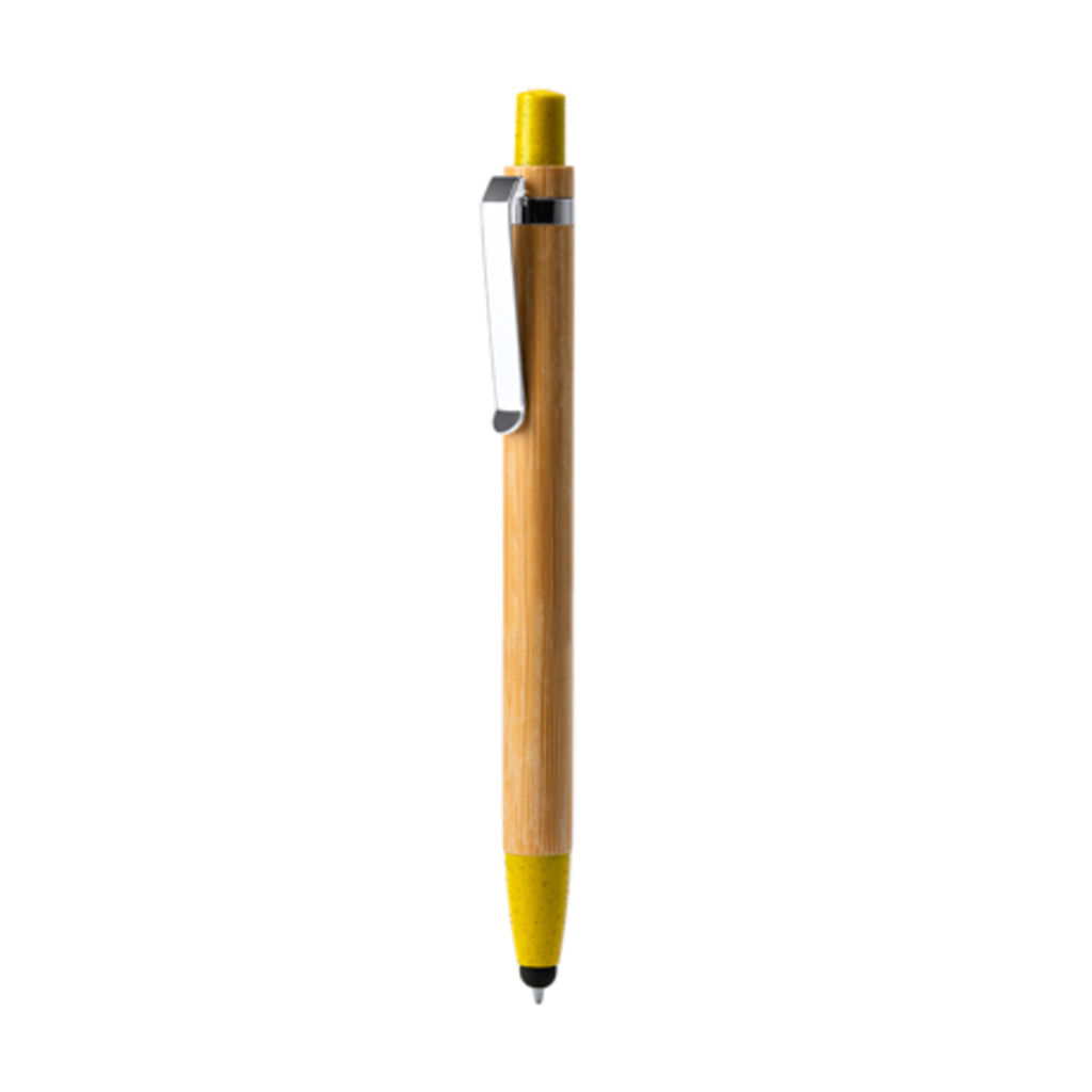 Ручка с кнопкой, вставками из бамбукового волокна и металлическим зажимом, цвет желтый