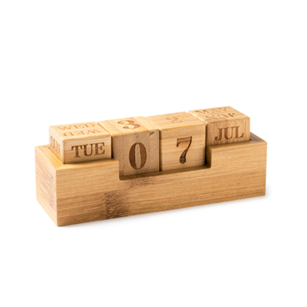 Вічний настільний календар з бамбука, що складається з однієї стійки та чотирьох гравірованих блоків, колір бежевий