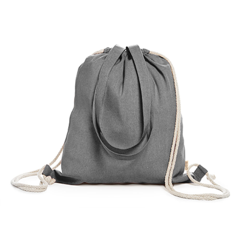 Рюкзак-сумка на шнурке из 100% переработанного хлопка плотностью 140 г / м2 с пестрой отделкой, с соответствующими ручками длиной 70 см и завязками натурального цвета, цвет черный