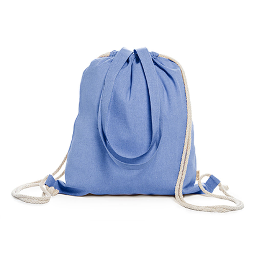 Рюкзак-сумка на шнурку зі 100% переробленої бавовни щільністю 140 г/м2 з строкатою обробкою, з відповідними ручками довжиною 70 см та зав'язками натурального кольору, колір королівський синій