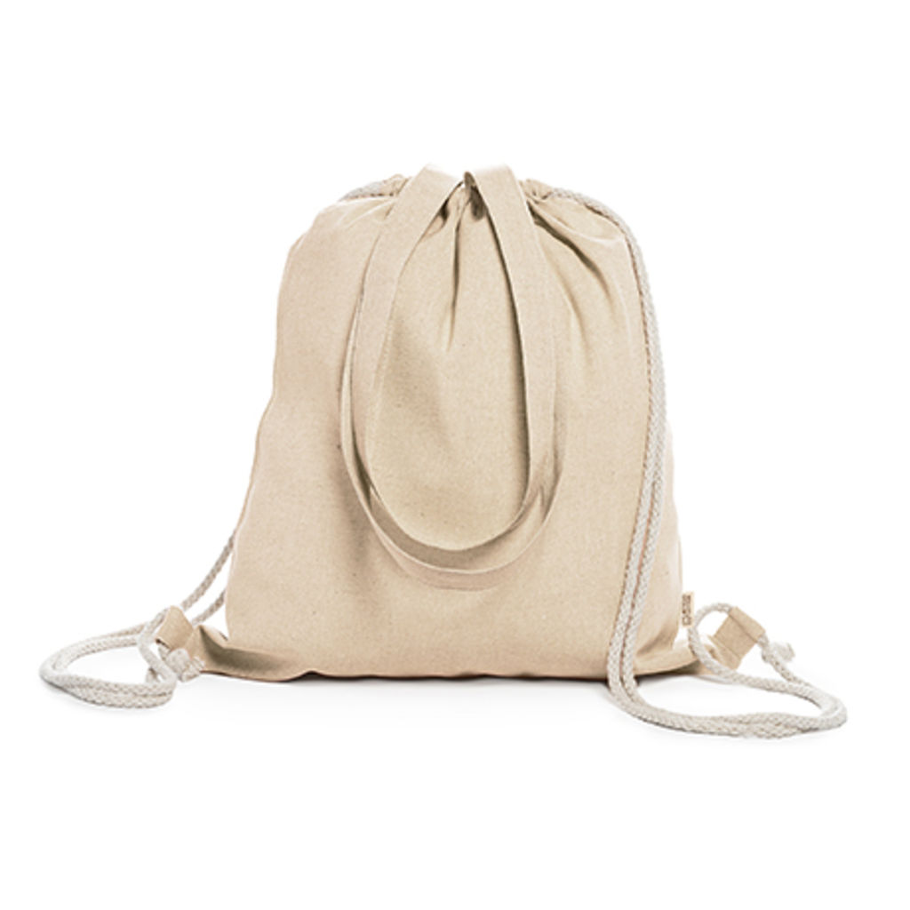 Рюкзак-сумка на шнурку зі 100% переробленої бавовни щільністю 140 г/м2 з строкатою обробкою, з відповідними ручками довжиною 70 см та зав'язками натурального кольору, колір бежевий