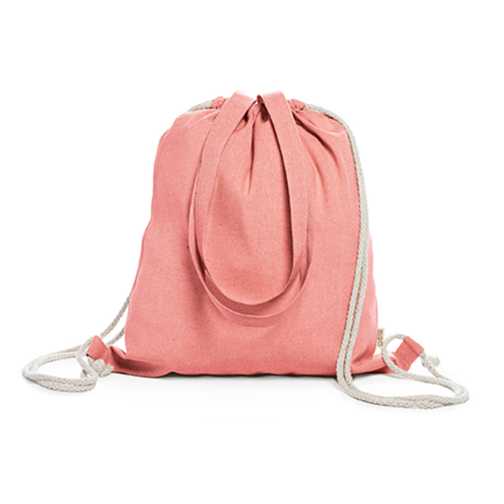 Рюкзак-сумка на шнурке из 100% переработанного хлопка плотностью 140 г / м2 с пестрой отделкой, с соответствующими ручками длиной 70 см и завязками натурального цвета, цвет красный