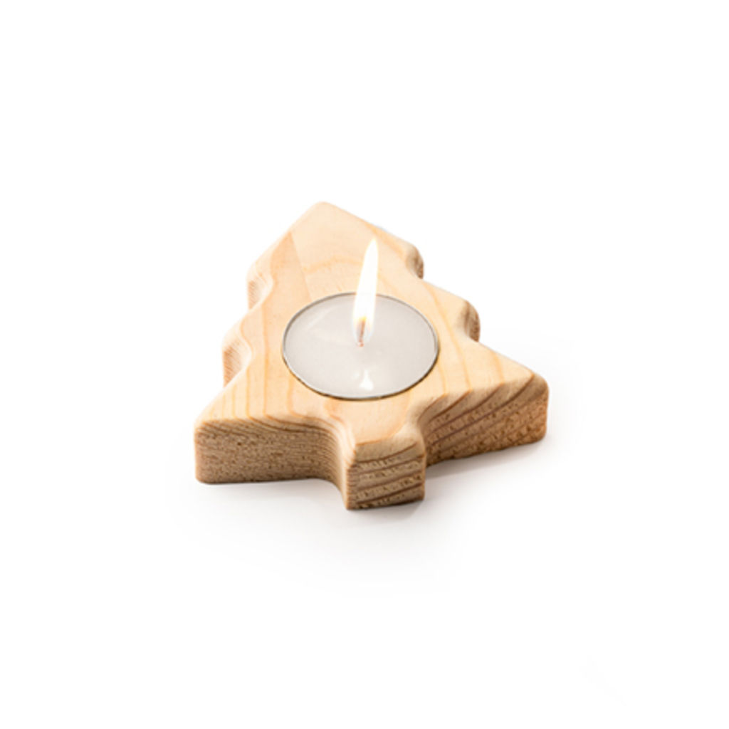 Свічка у дерев'яній підставці у двох новорічних візерунках (зірка та ялинка), колір дерев'яний