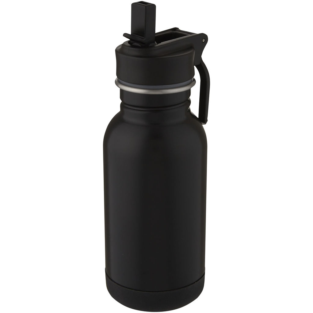 Lina, спортивна пляшка з нержавіючої сталі об'ємом 400 мл із трубочкою та петелькою, колір суцільний чорний
