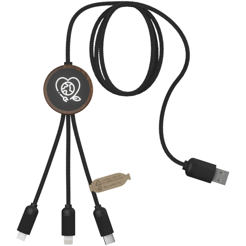 SCX.design C36 Зарядний кабель 3 в 1 з переробленого rPET-пластику з логотипом, що світиться, і округлим бамбуковим корпусом., колір дерево