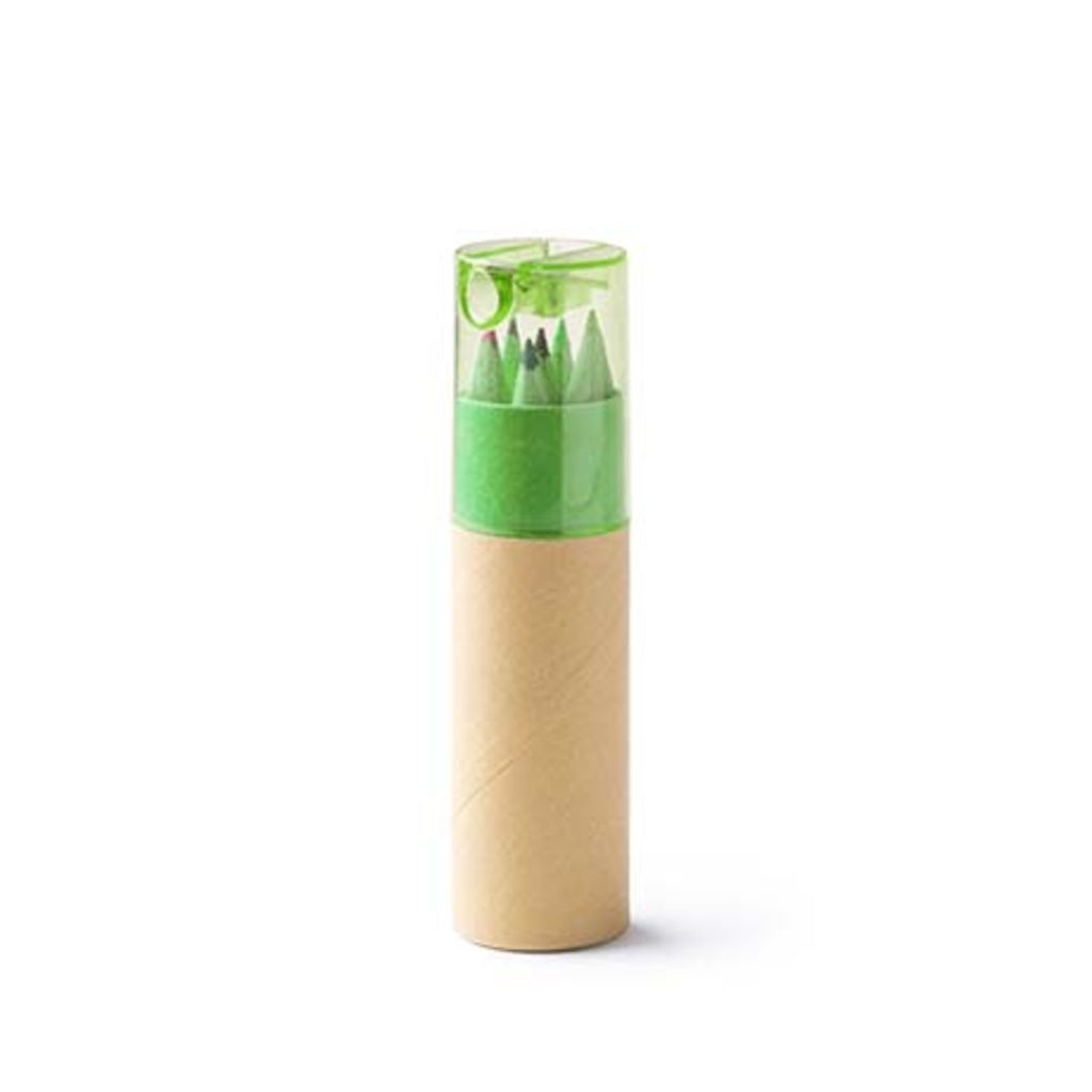 Дерев'яний набір із 6 олівців у футлярі з переробленого картону з напівпрозорою кольоровою кришкою, колір зелений