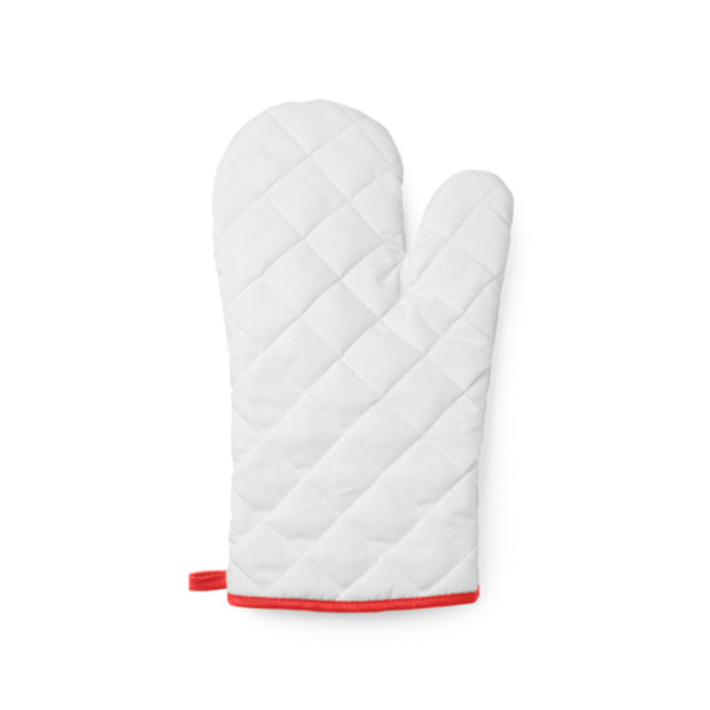Біла поліестерова кухонна рукавиця з кольоровою окантовкою та ремінцем для підвішування, колір червоний