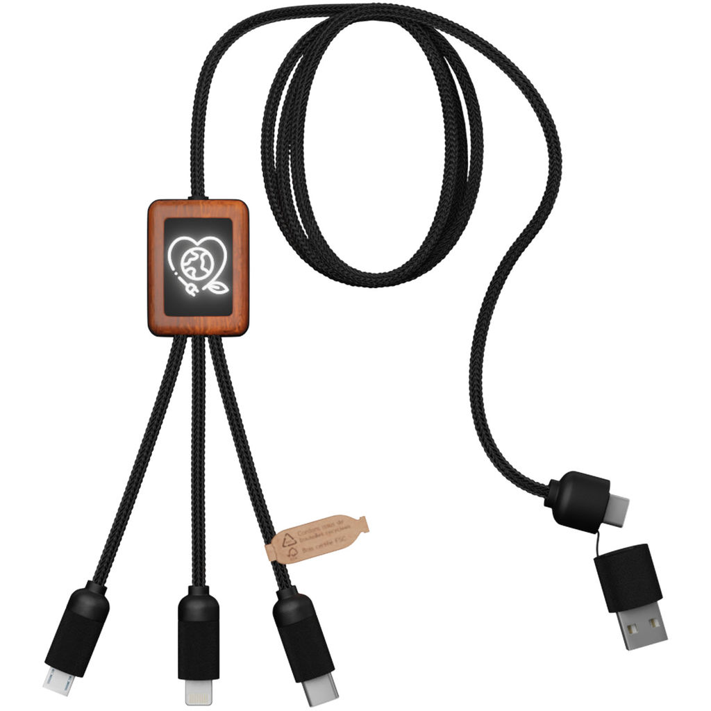 SCX.design C38 Зарядний кабель 5 в 1 з переробленого PET-пластику з логотипом, що світиться, і квадратним дерев'яним корпусом, колір чорний, дерево