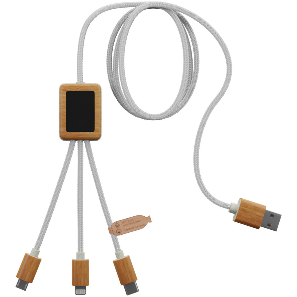 Зарядный кабель 3 в 1 из переработанного ПЭТ-пластика со светящимся логотипом и квадратным бамбуковым корпусом SCX.design C39, цвет белый, дерево