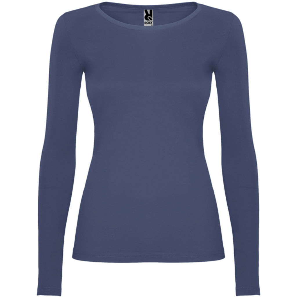 Напівприталена футболка з довгими рукавами та горловиною з тонкою окантовкою, колір денім синій  розмір S