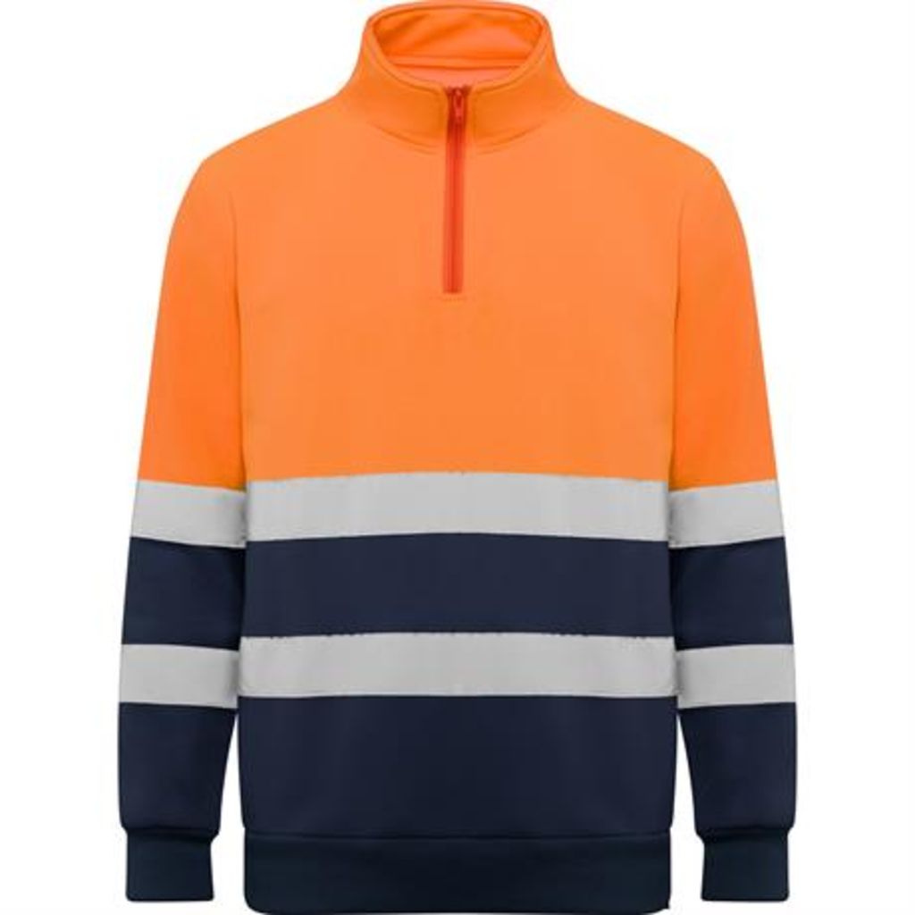 Светоотражающий свитер с полузастежкой·молнией, высоким воротником, защитой подбородка и бегунком, цвет морской синий, флуоресцентный оранжевый  размер S