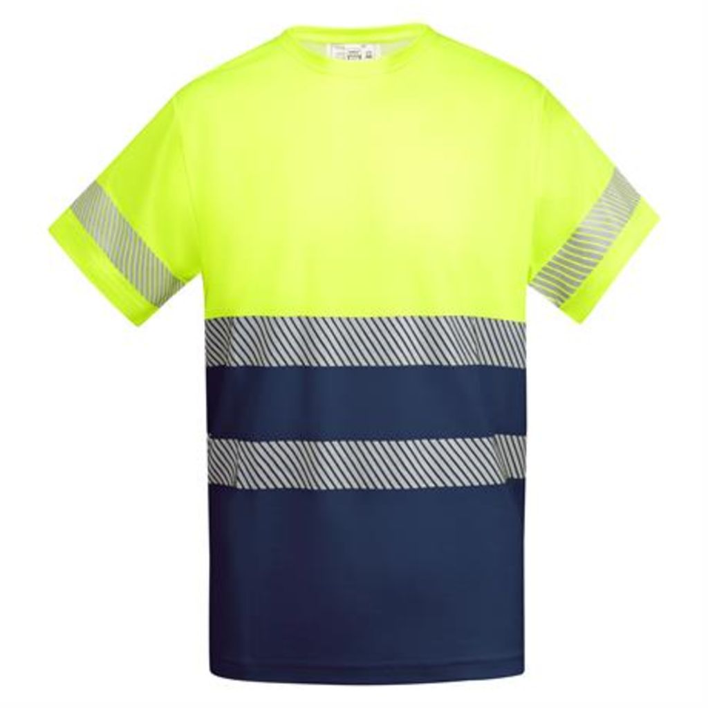 Светоотражающая мужская техническая футболка с коротким рукавом с круглым вырезом под горло из основной ткани, цвет морской синий, флуоресцентный желтый  размер S