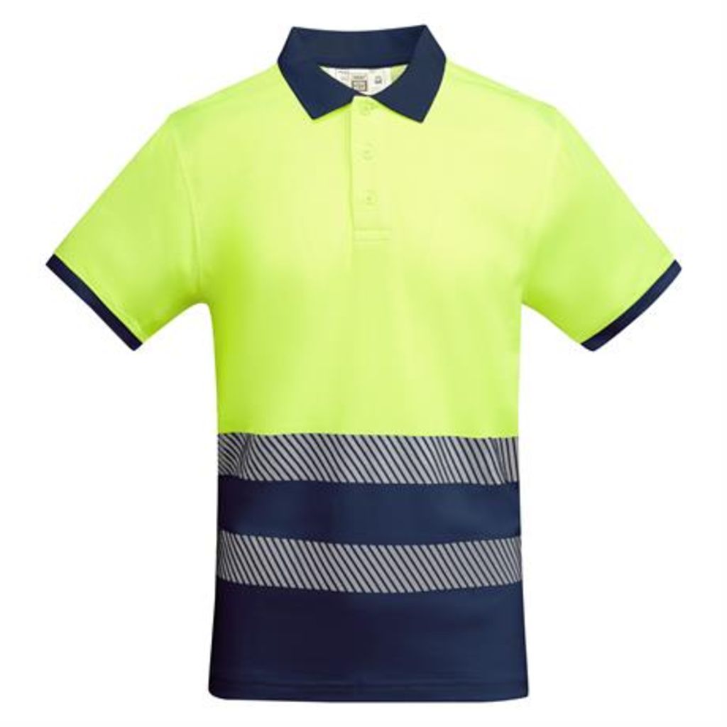 Техническая мужская хорошо видимая рубашка·поло с коротким рукавом с воротником в рубчик 1x1, цвет морской синий, флуоресцентный желтый  размер S