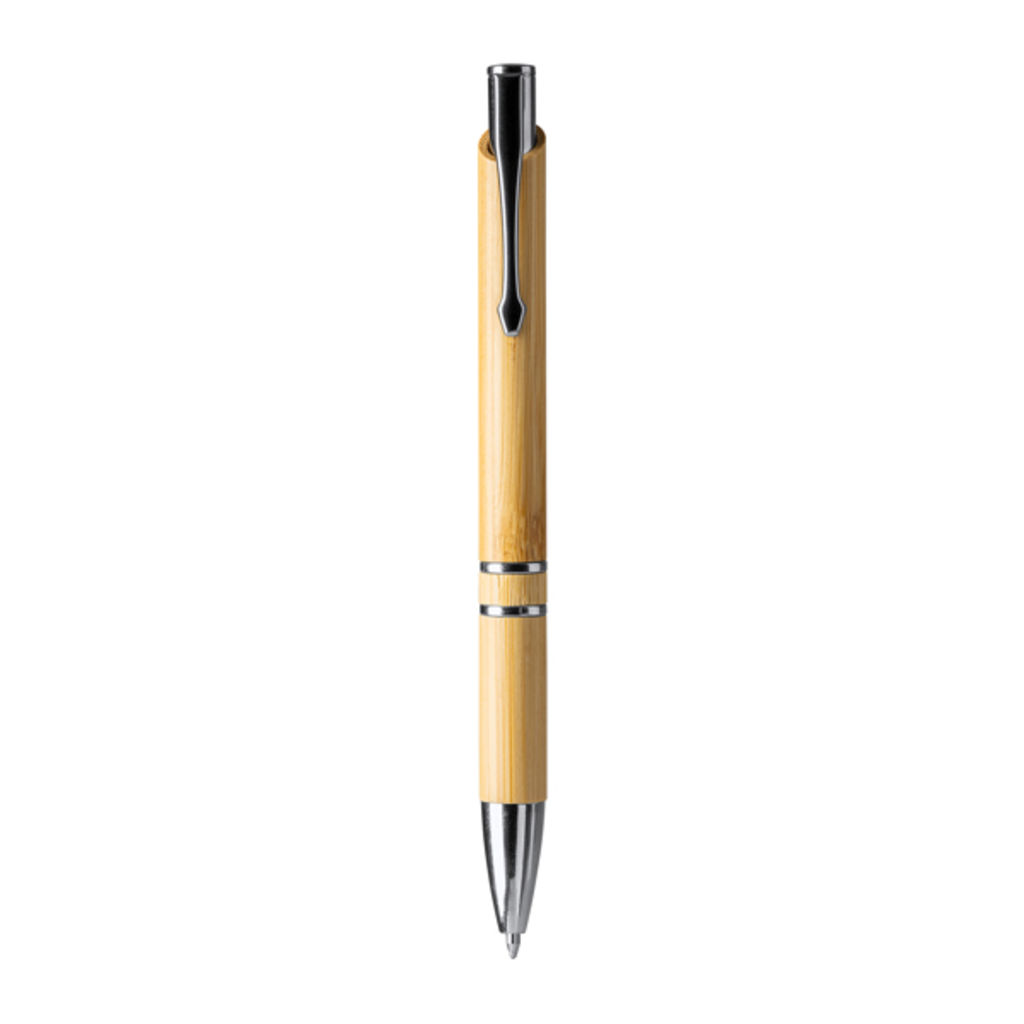 Шариковая ручка с корпусом из бамбука и кнопкой с металлической отделкой, цвет бежевый