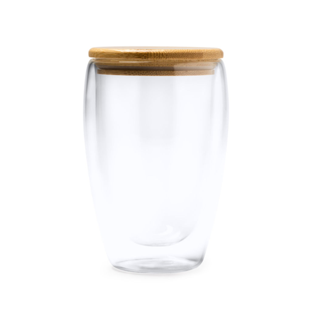 Двустенный стакан из боросиликатного стекла с бамбуковой крышкой, цвет прозрачный