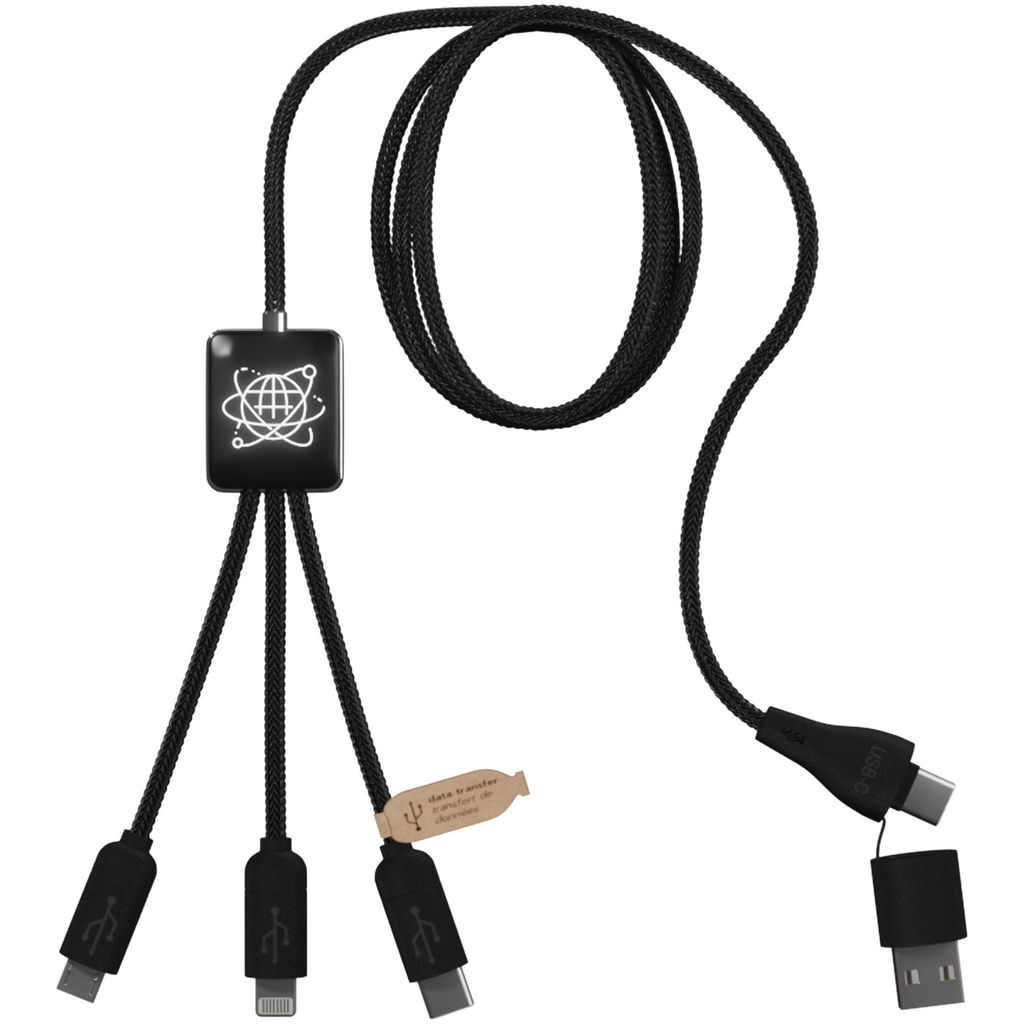 Зарядний кабель rPET 5-в-1 з підтримкою передачі даних SCX.design C45, з підсвіткою логотипу, колір суцільний чорний