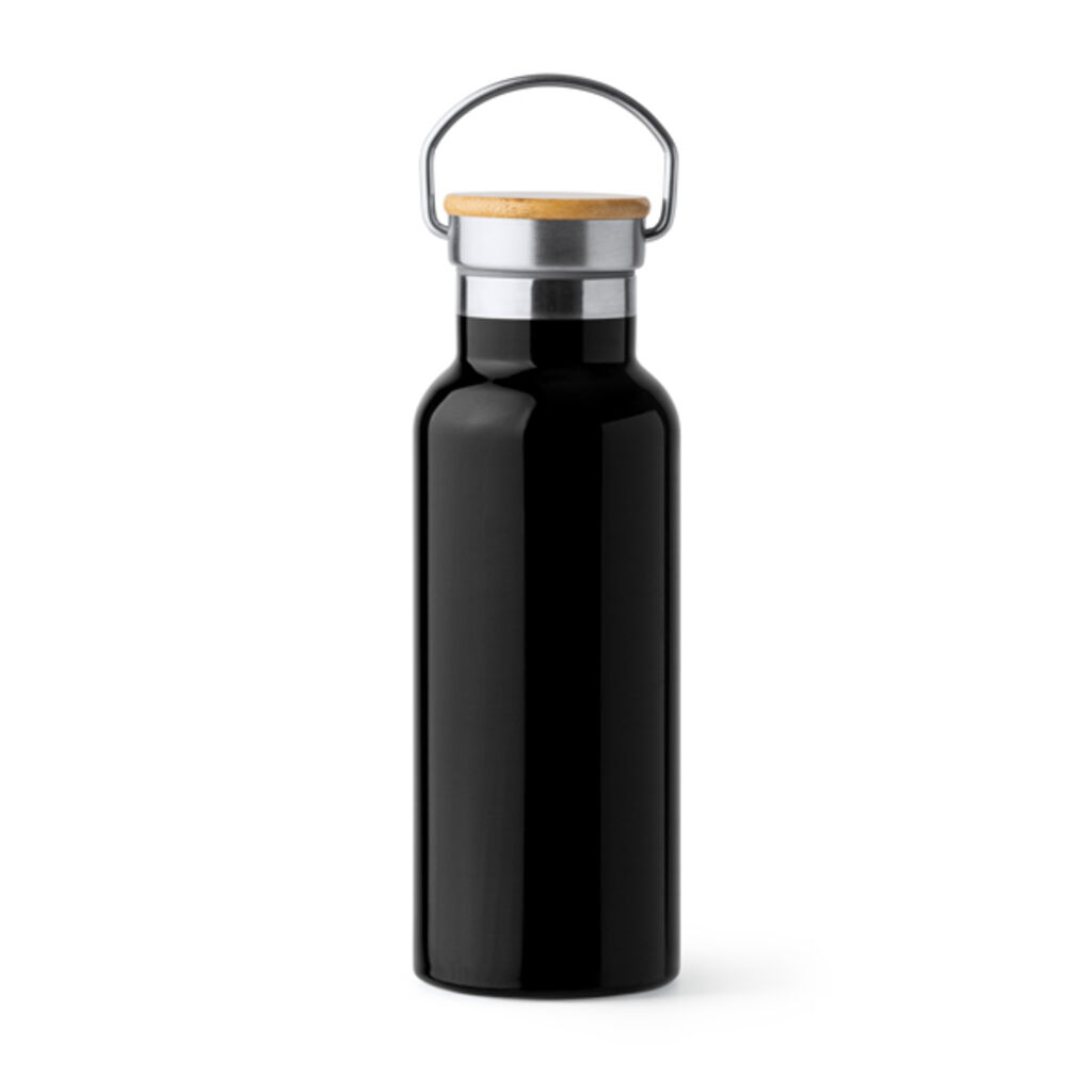 Пляшка з нержавіючої сталі з бамбуковою кришкою, колір чорний