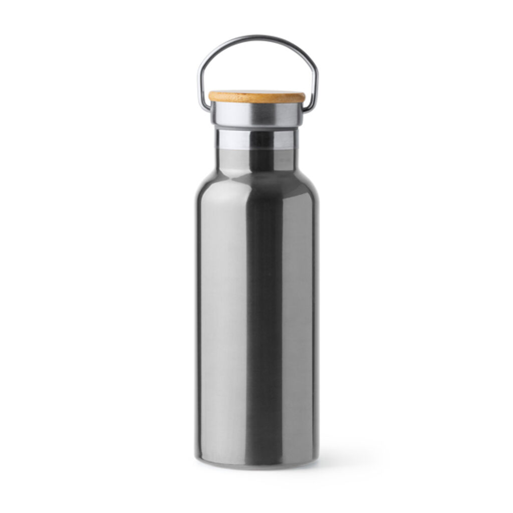 Пляшка з нержавіючої сталі з бамбуковою кришкою, колір срібний